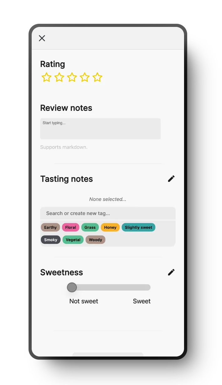 Memolli tea review template showing rating, notes, tasting tags, and a sweetness prompt