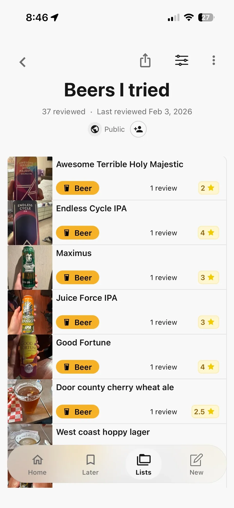 A shared Beers I tried list in Memolli with beer photos and personal ratings