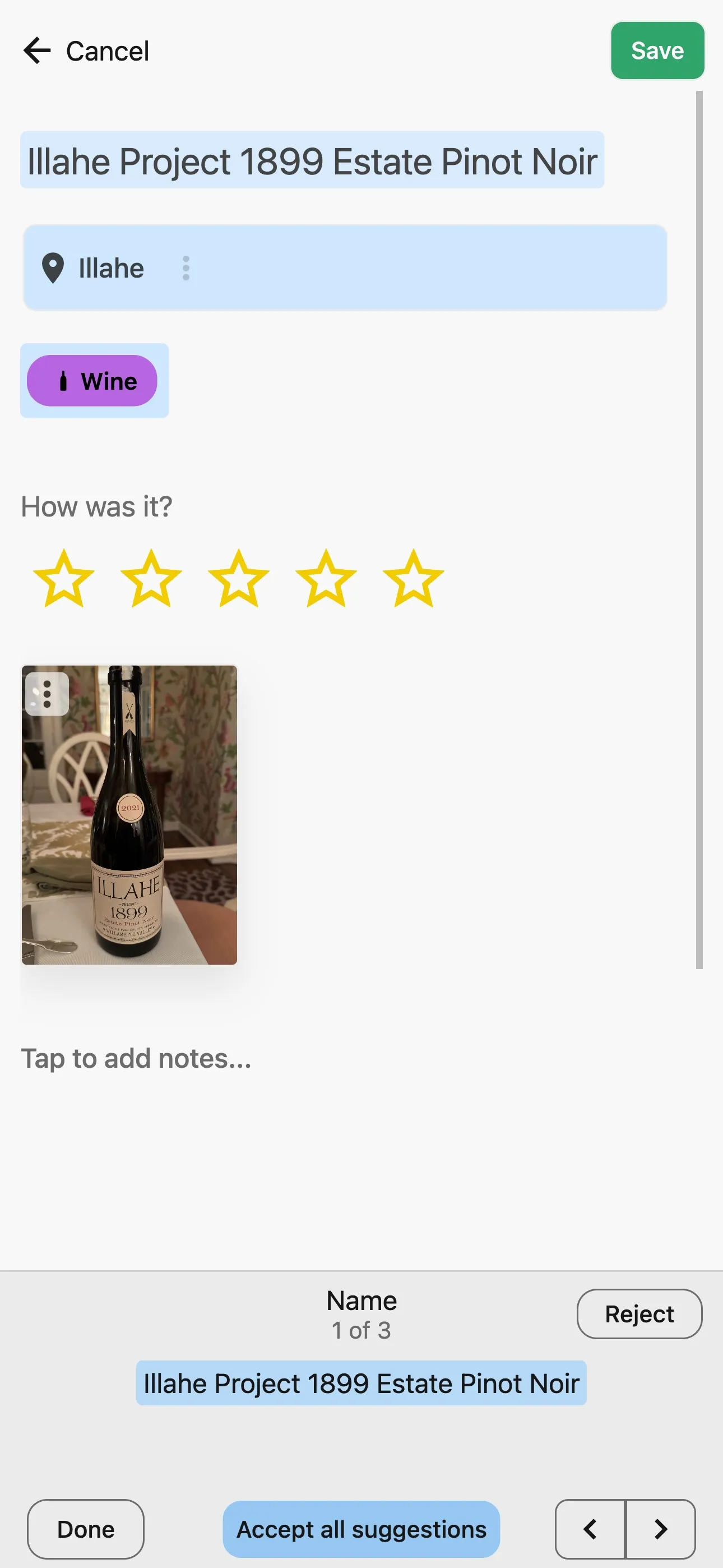 Memolli wine review editor with a bottle photo and suggestions for the wine name and producer