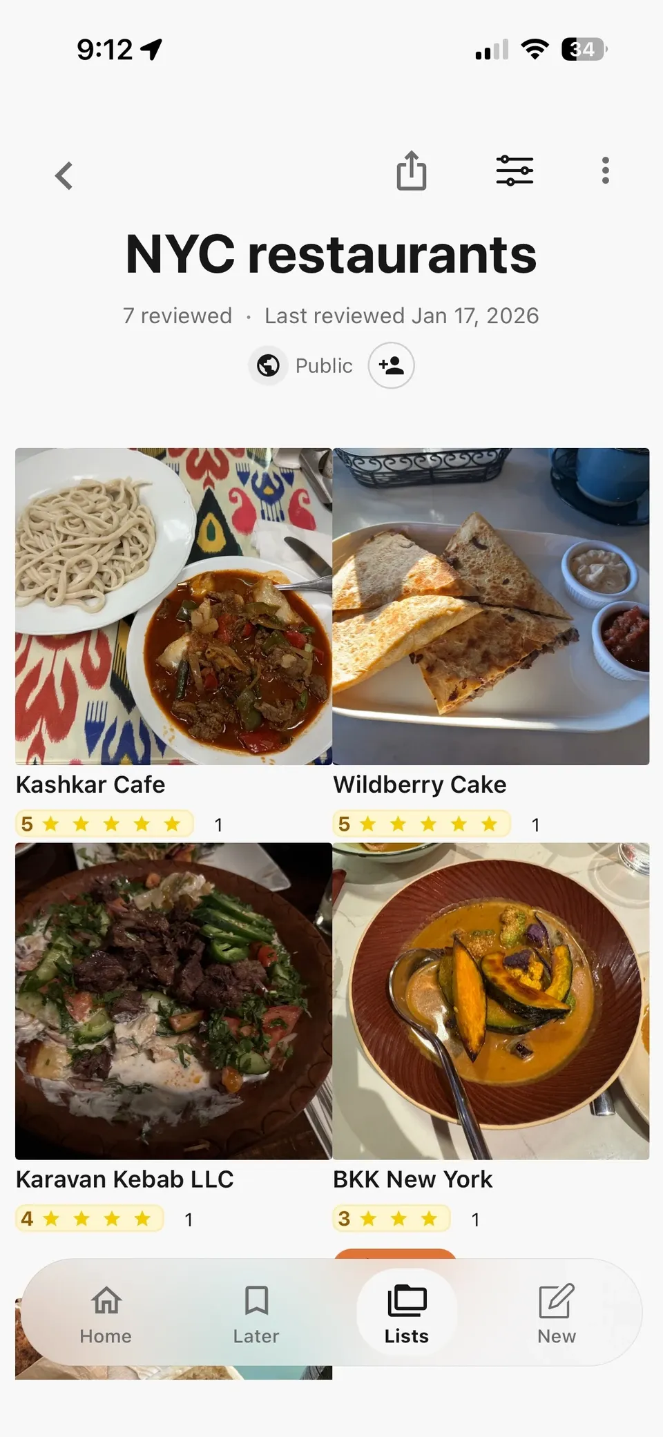 A shared NYC restaurants list in Memolli showing meal photos, restaurant names, and personal ratings