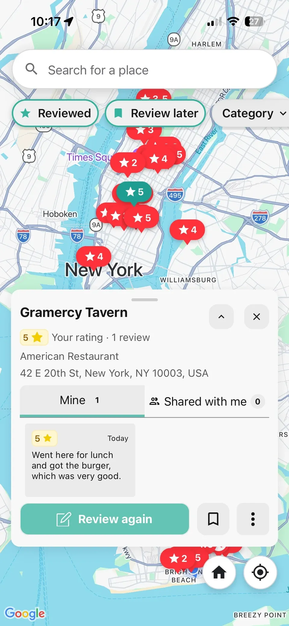 Memolli restaurant map showing a Gramercy Tavern review with a personal note about the burger at lunch