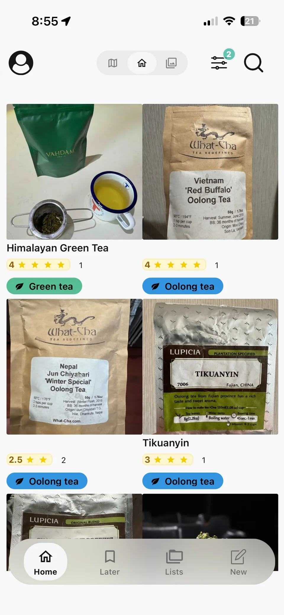 Memolli tea photo grid showing green and oolong teas with packaging photos and personal ratings