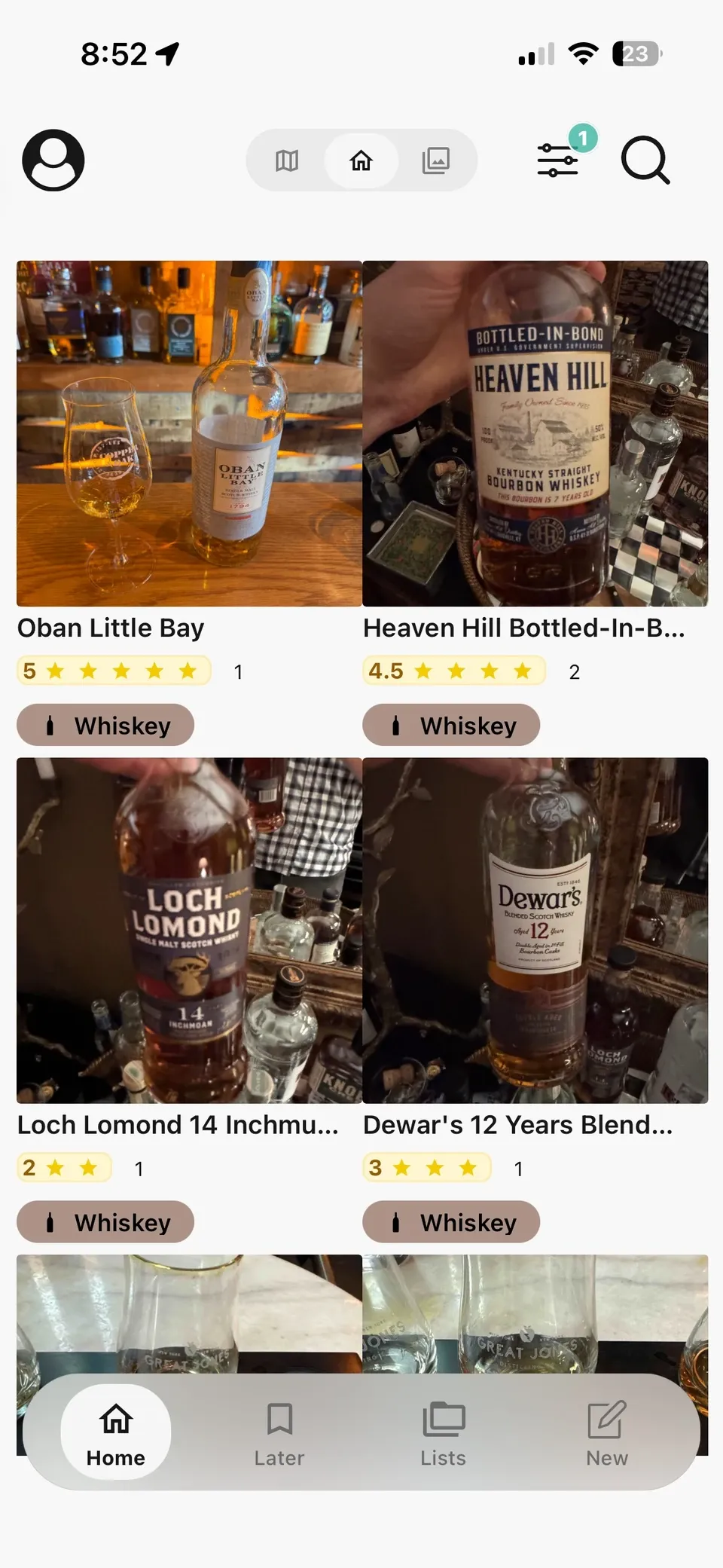 Memolli whisky photo grid showing bottles, pours, and personal tasting ratings