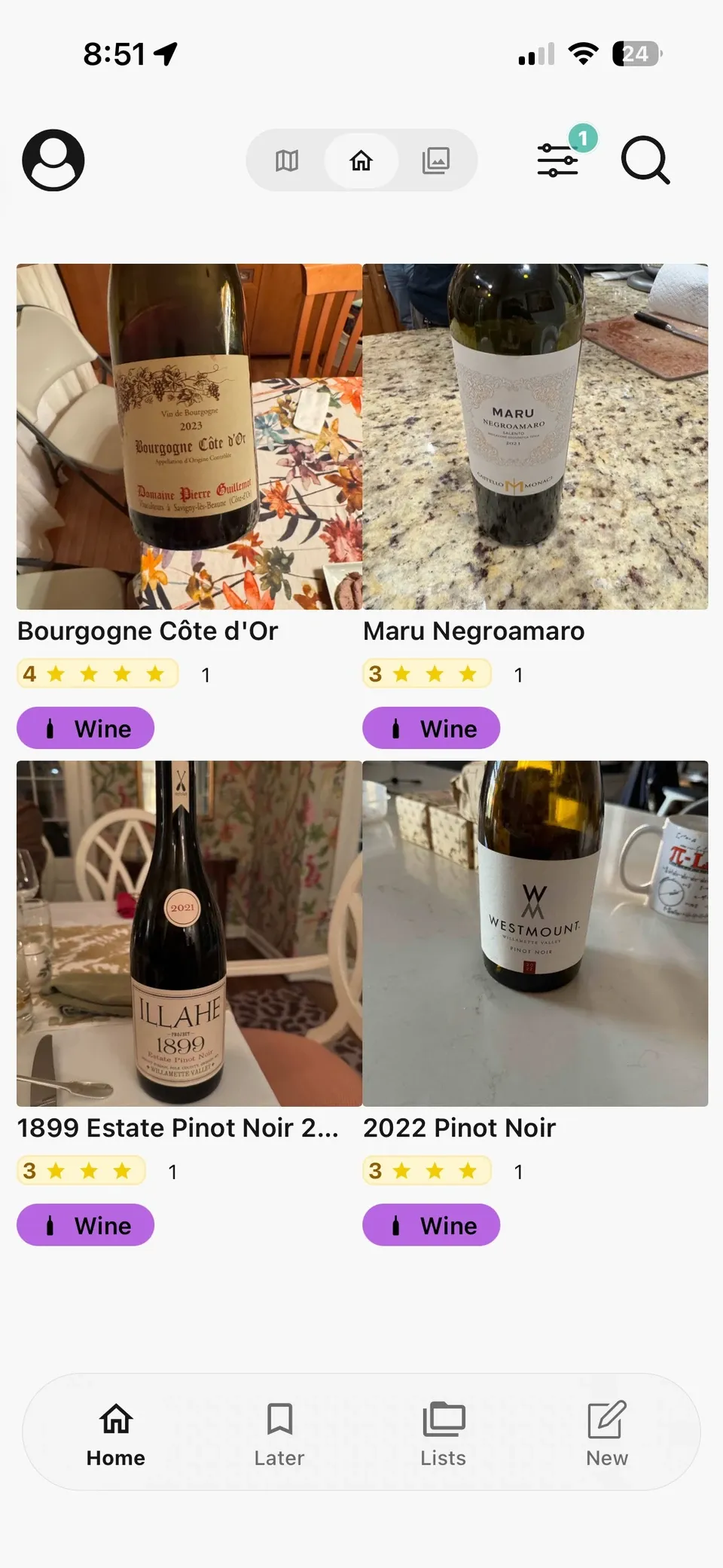 Memolli wine photo grid showing bottle labels, wine names, and personal ratings