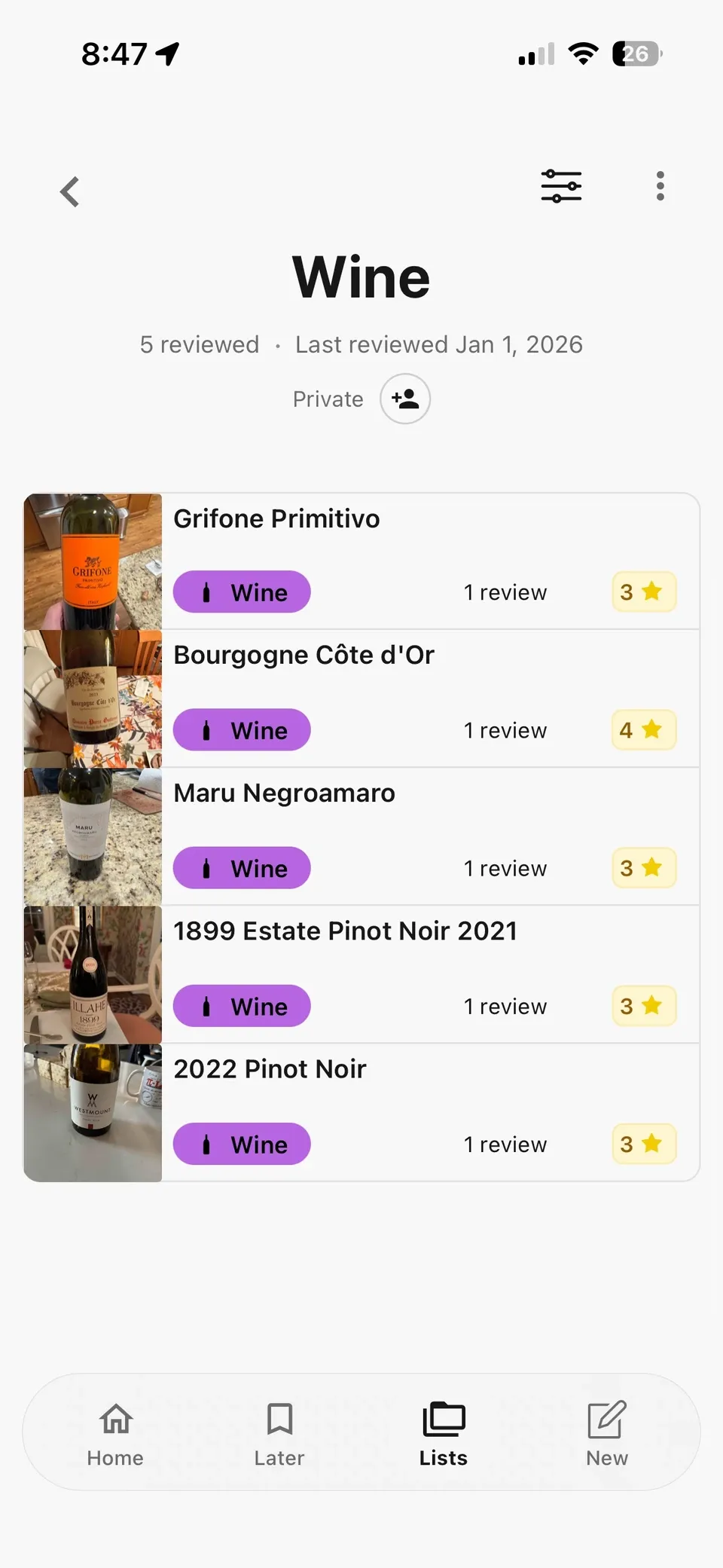 A private Wine list in Memolli with bottle photos, review counts, and personal ratings