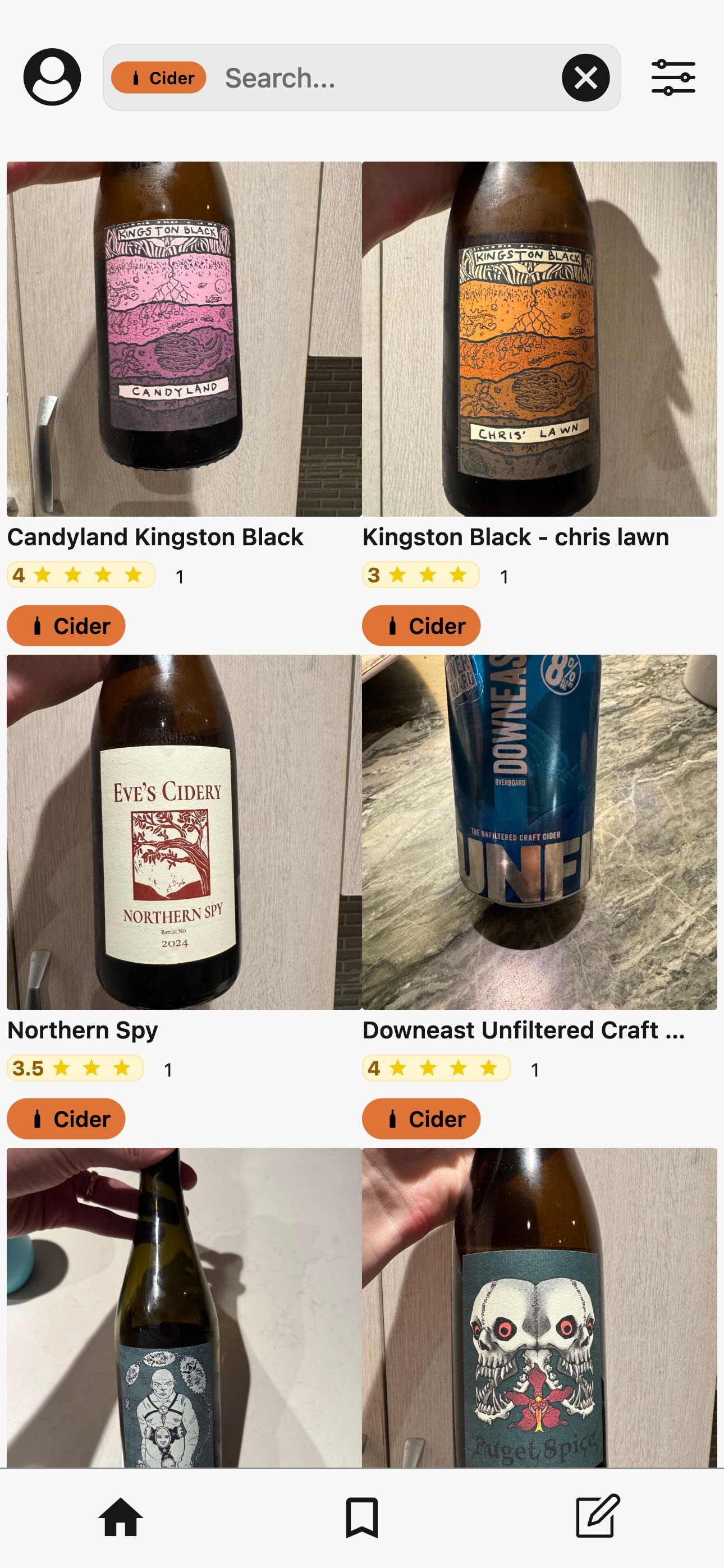 A screenshot of Cider reviews in Memolli, showing various cider shop entries with photos and ratings.