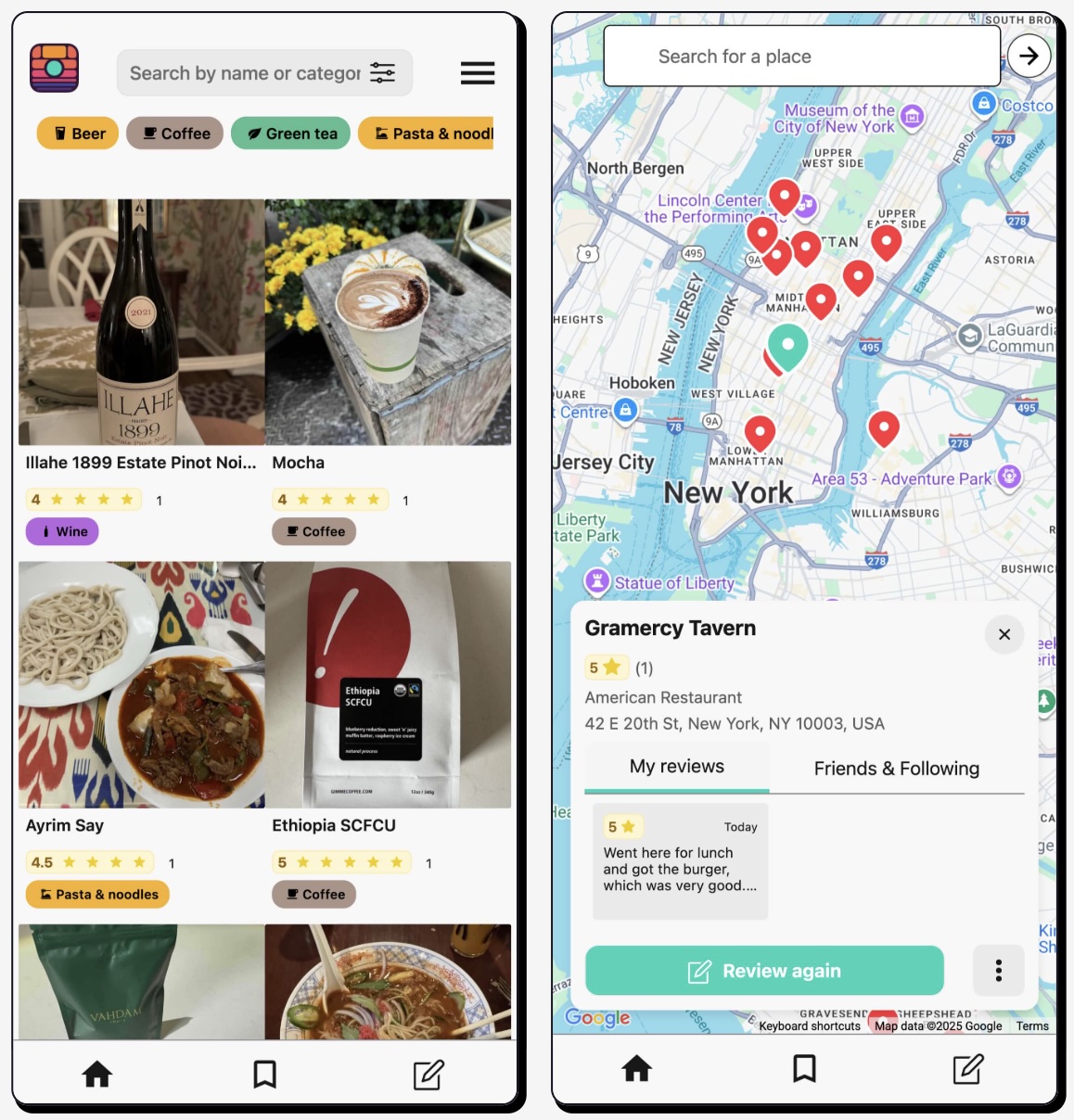 A screenshot of Memolli's grid view showing various food and drink reviews with images.