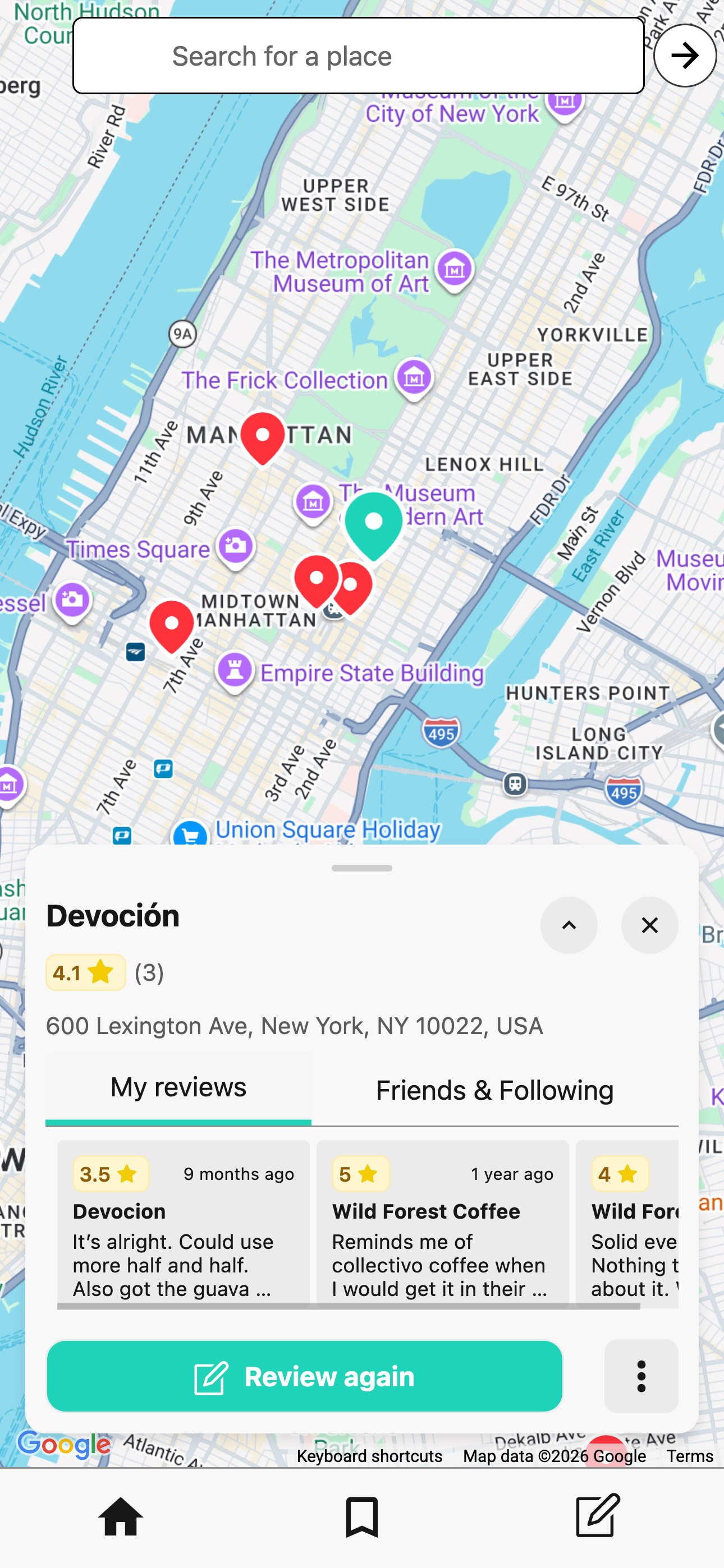 A screenshot of Memolli's map view showing various coffee reviews pinned on a map.