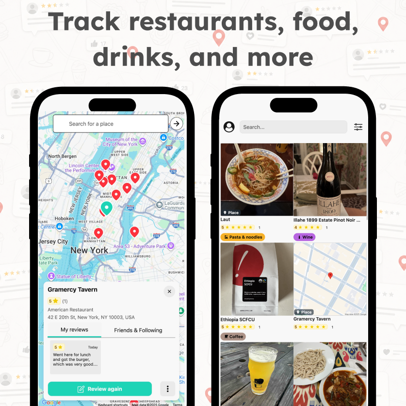 Screenshots of Memolli showing ways to track restaurants, food, and drinks with photos, ratings, notes, maps, and lists.