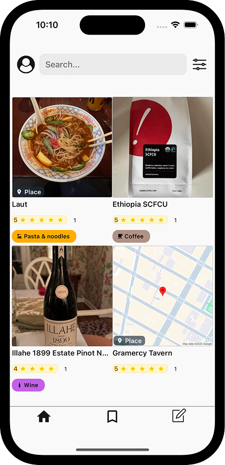 A Memolli screenshot showing a gallery of saved food and drink photos.