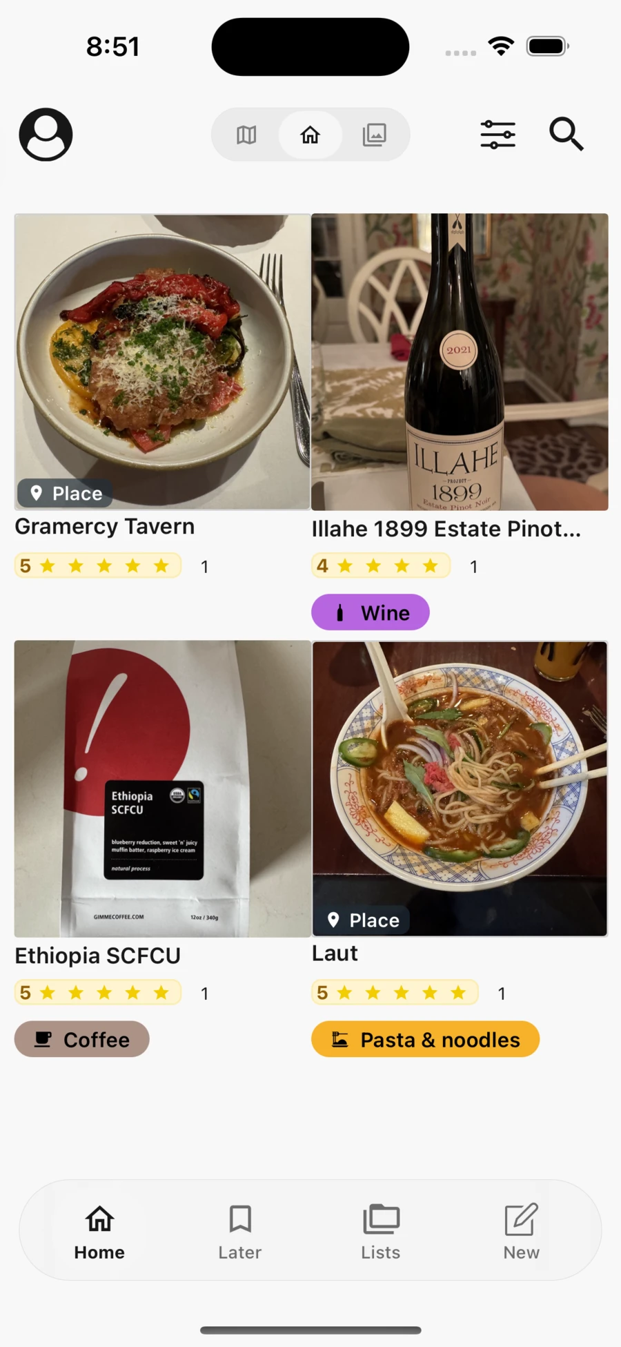 Memolli home gallery showing a mix of place and item reviews for a restaurant, wine, coffee, and noodles
