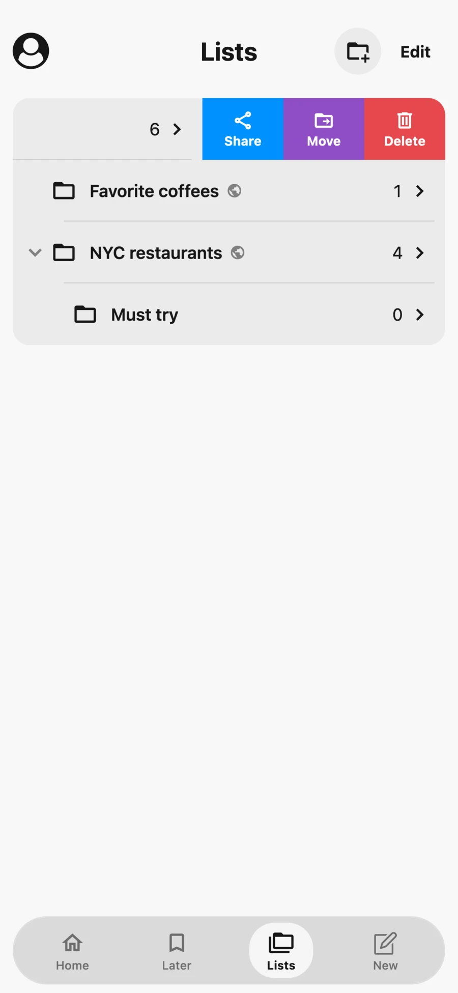 Memolli Lists screen showing nested folders and swipe actions to share, move, or delete a list