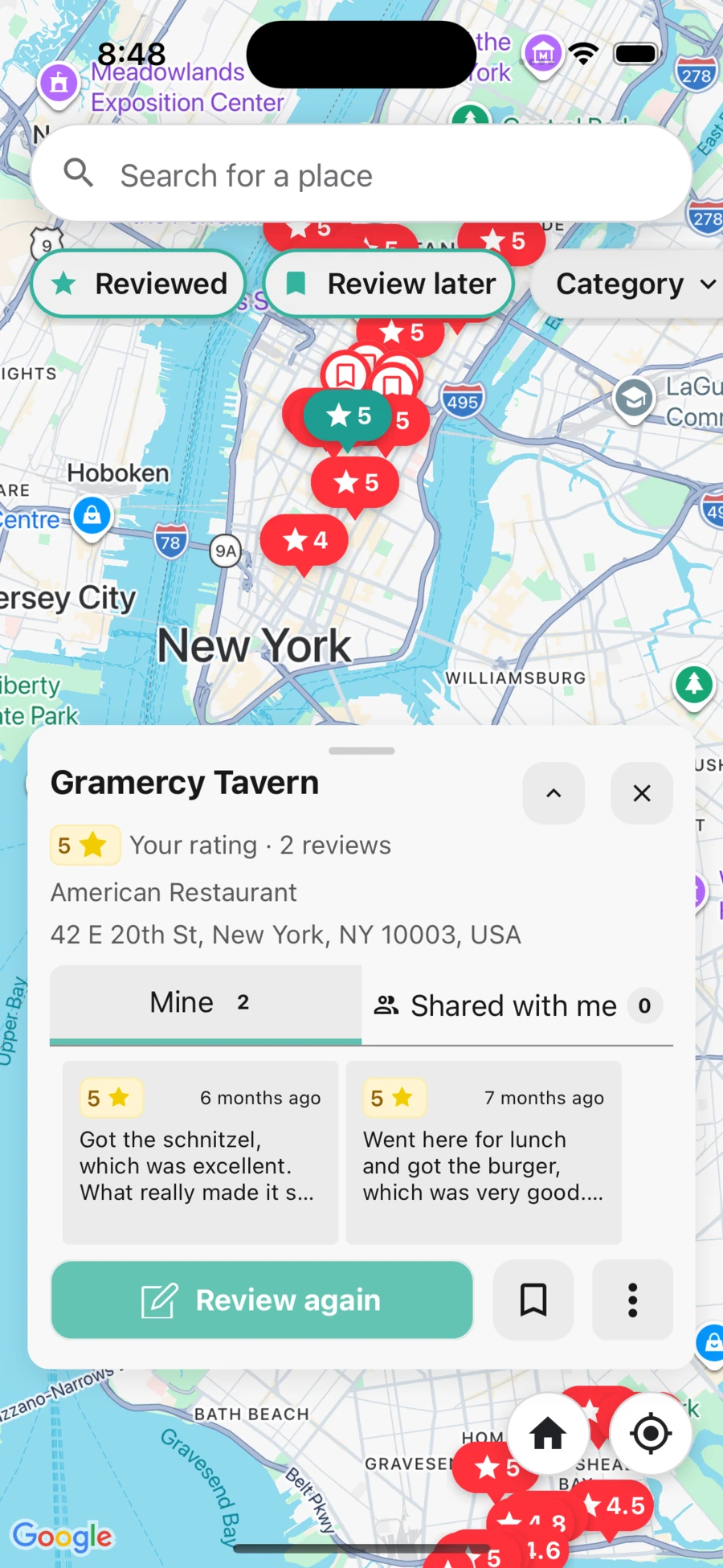 Memolli map in New York showing reviewed and review later markers, map filters, and Gramercy Tavern review details