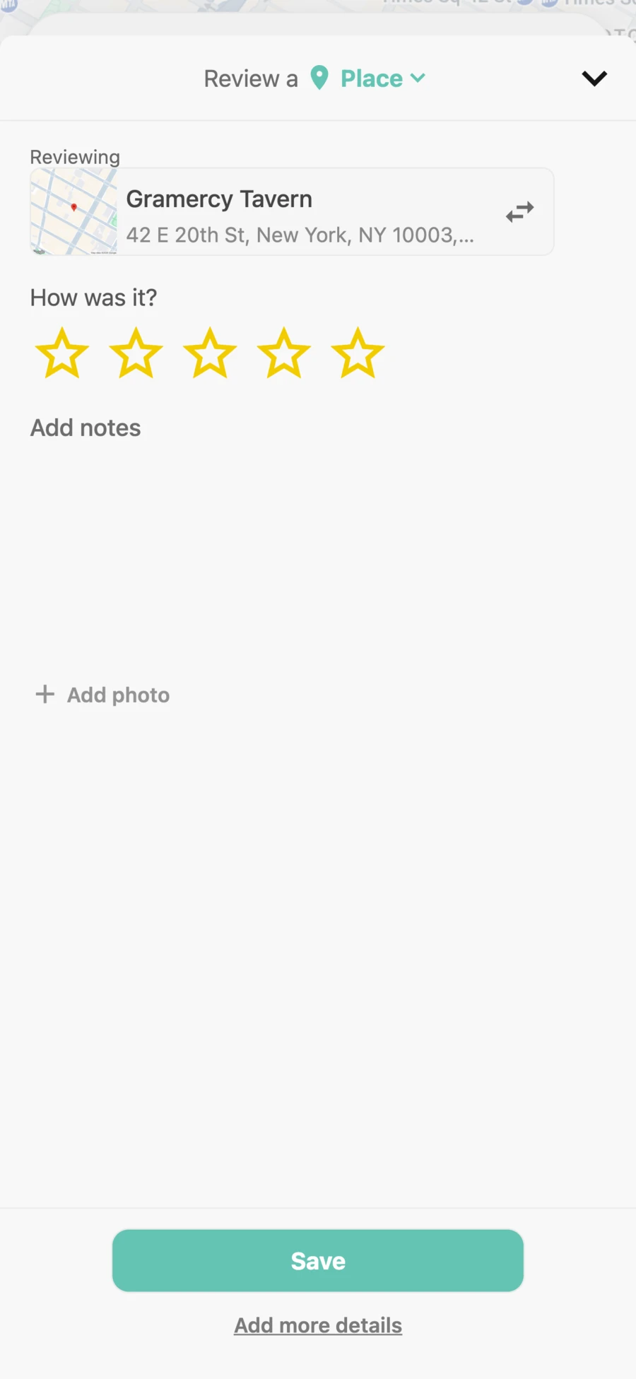 Memolli quick review screen for Gramercy Tavern with a star rating, notes, photo, and option to add more details