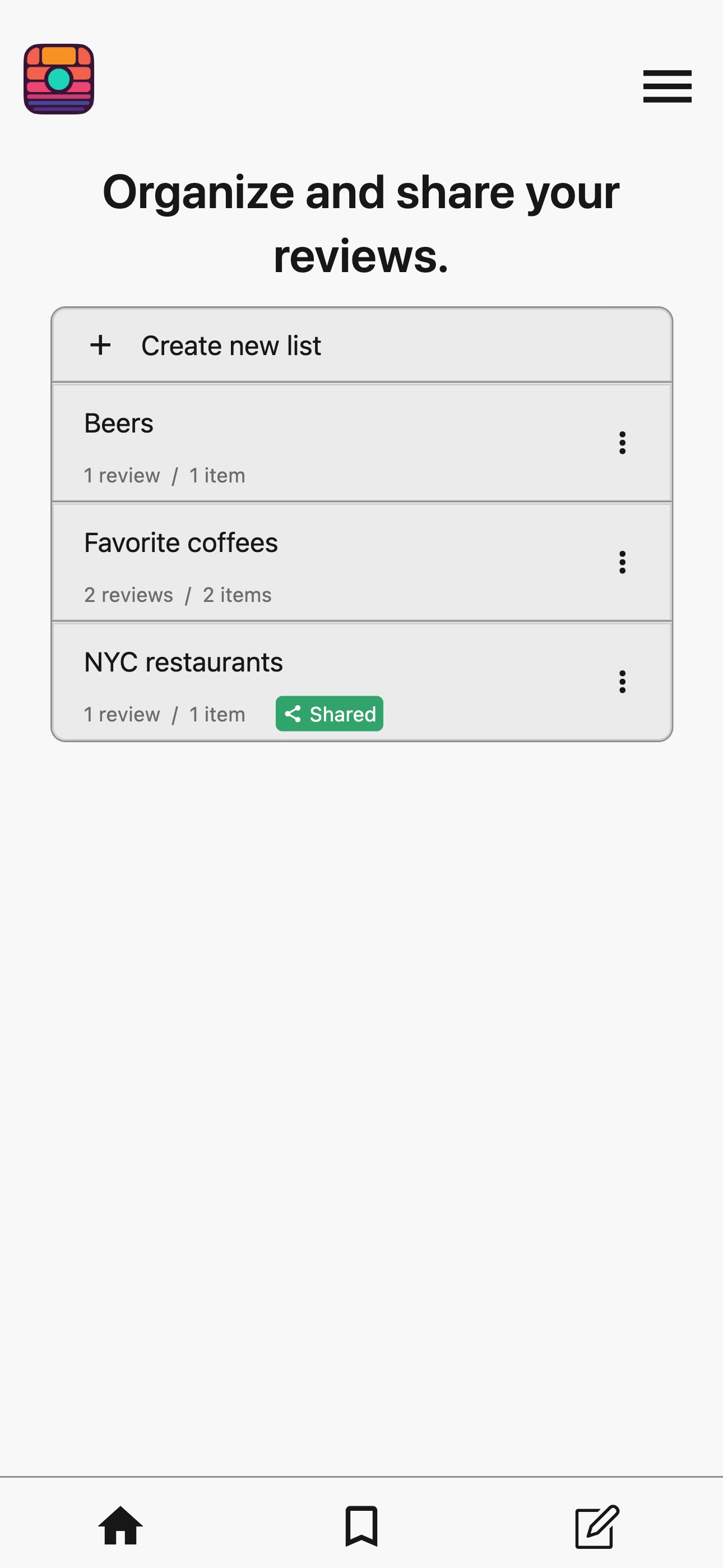 Sharable lists of reviews for friends & family